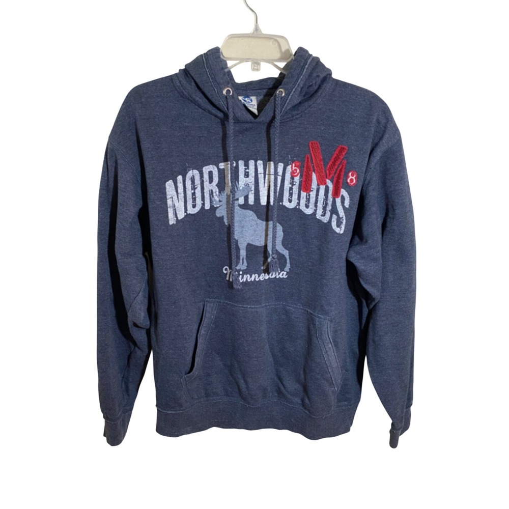 New Agenda Northwoods Minnesota Moose Hoodie Navy Blue Chenille Patch Mens Large